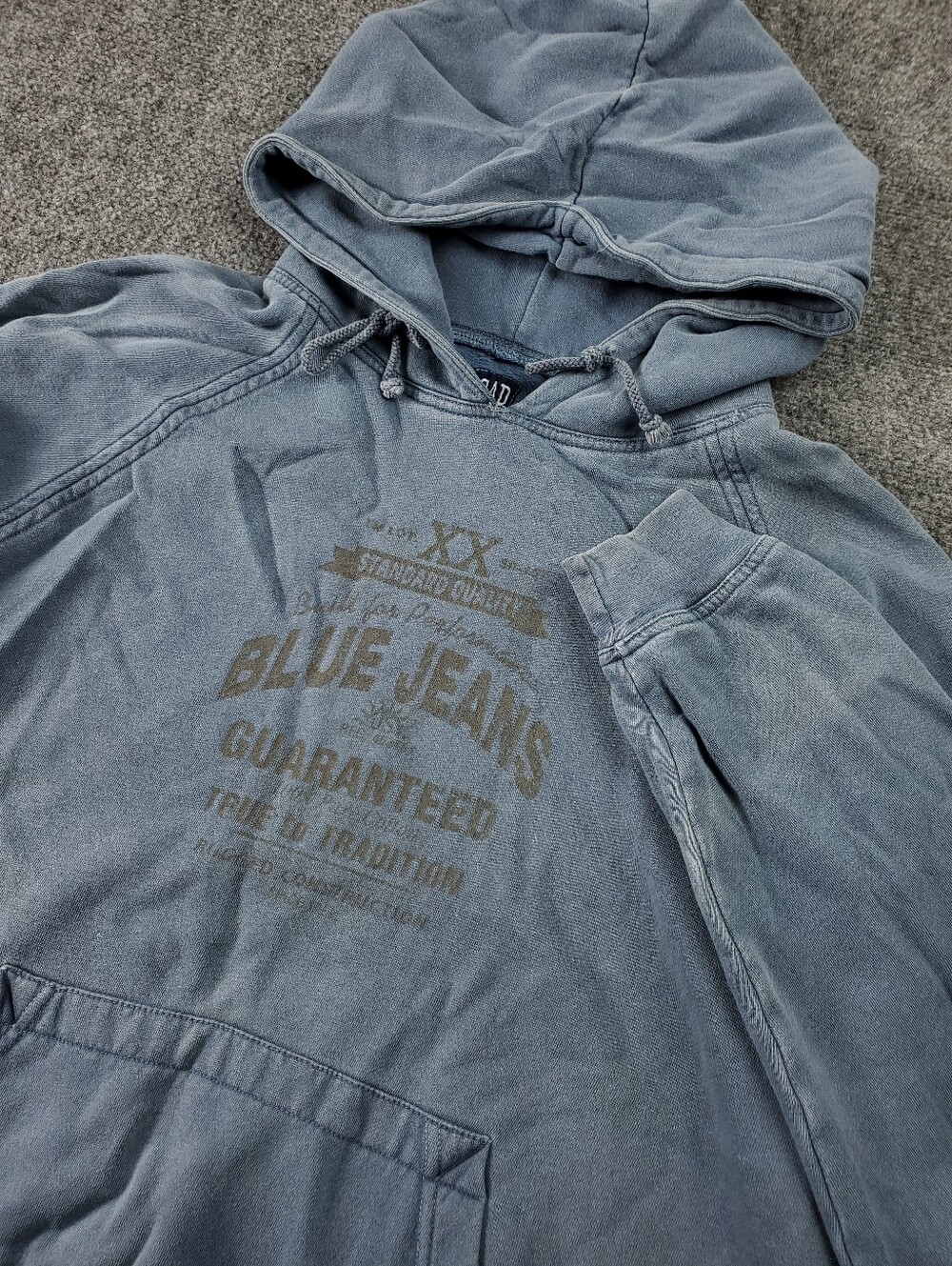 Vintage 90s Gap Hoodie Mens Large Blue Jeans Graphic Faded Pullover Sweatshirt - Picture 1 of 8